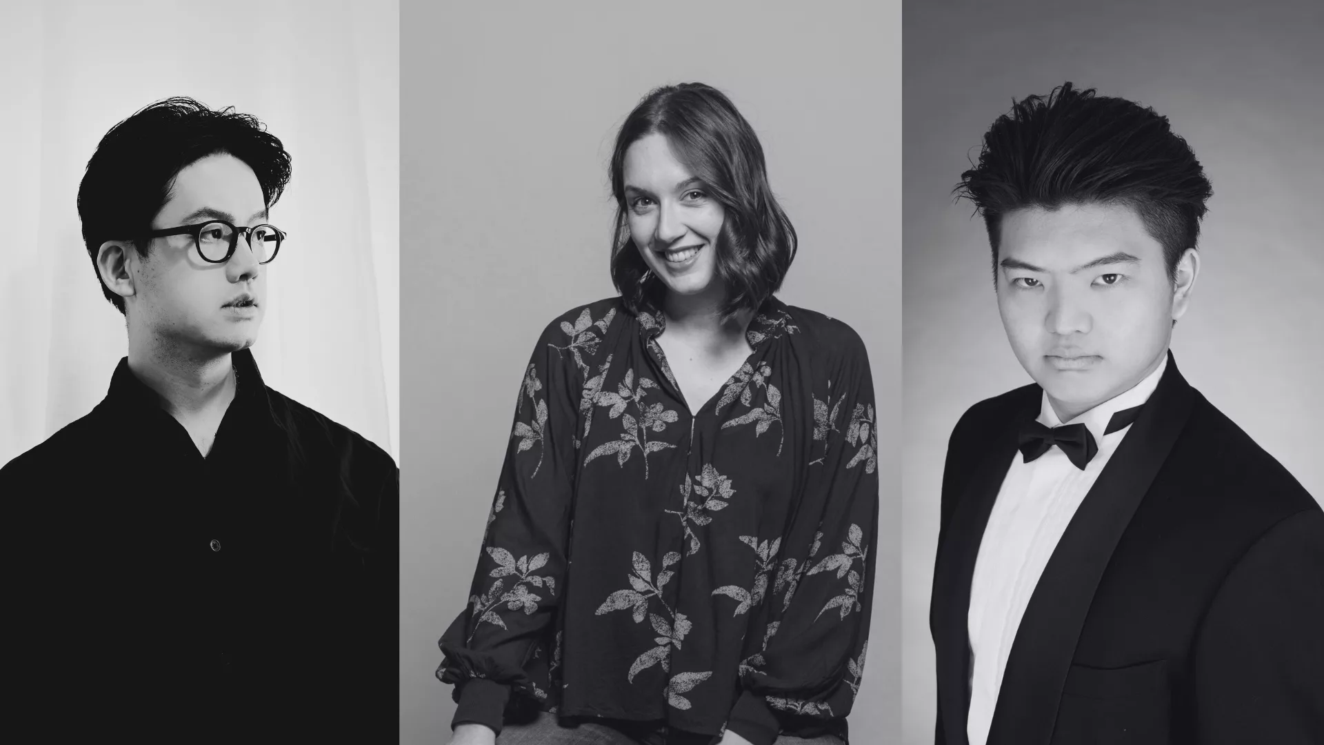 Composit di tre foto dei tre cantanti lirici protagonisti del concerto due ragazzi esterni e una ragazza al centro